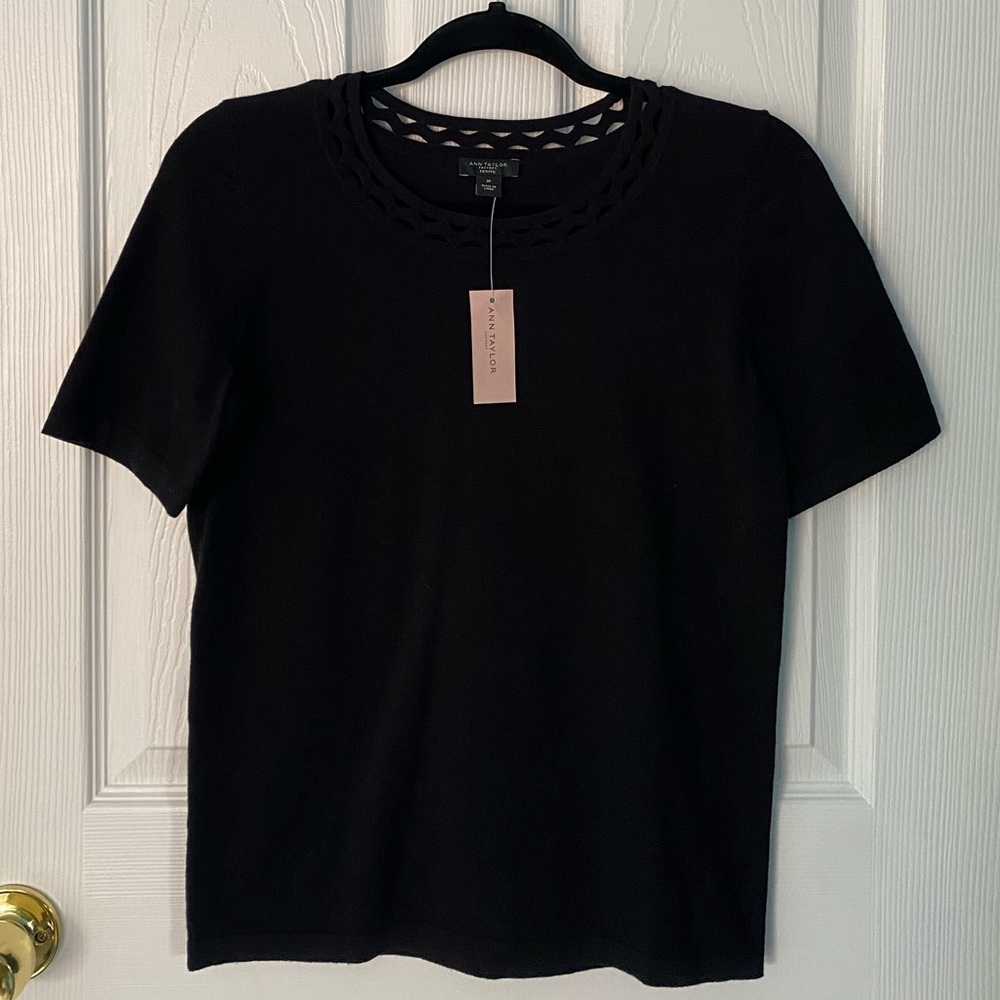NWT Ann Taylor Black Short Sleeve Top with decorative neckline